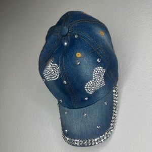 Denim Kids Cap with Rhinestone Hearts